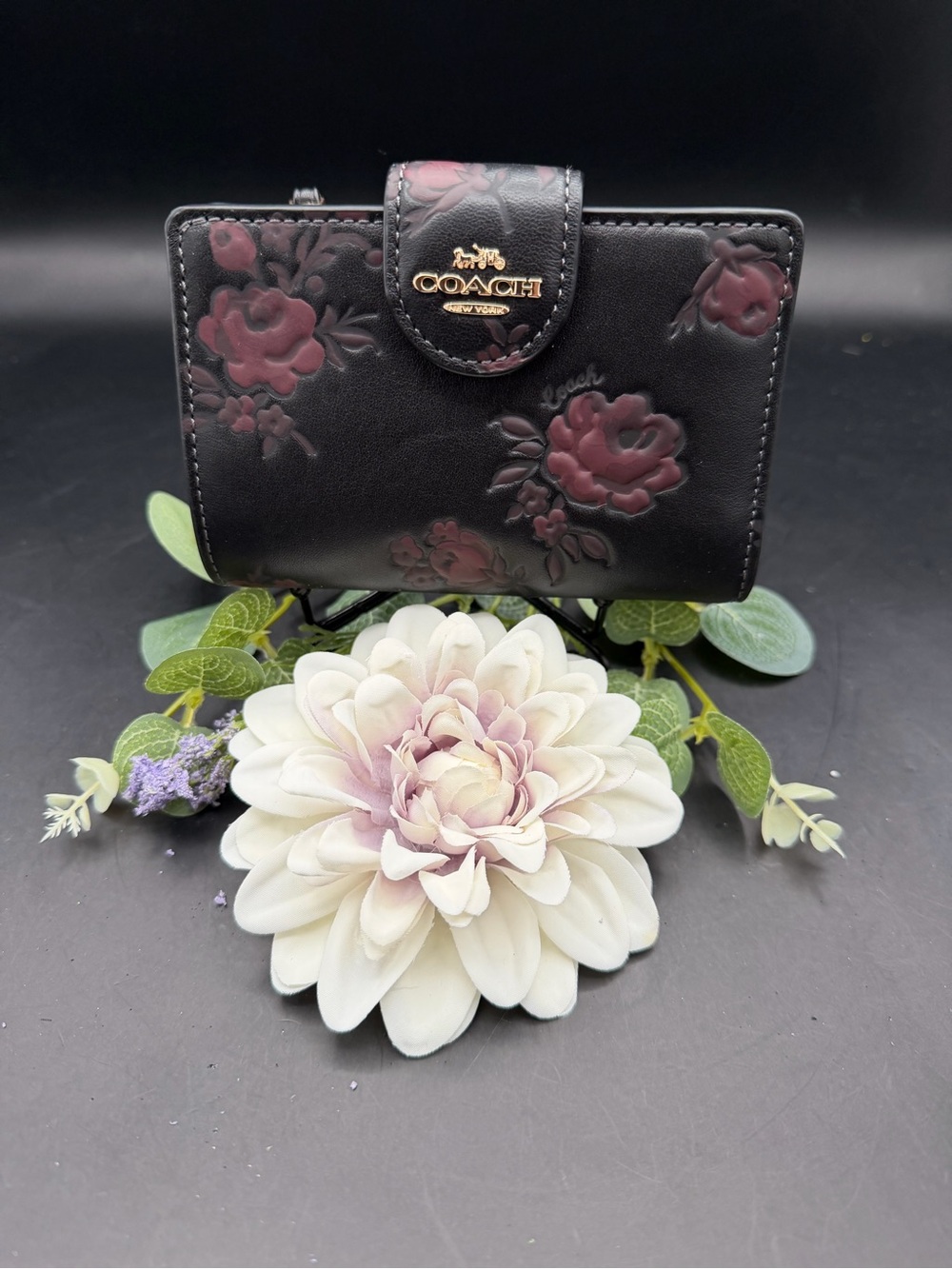 Coach Medium Zip Black Leather Wallet with Dark Wine Debossing